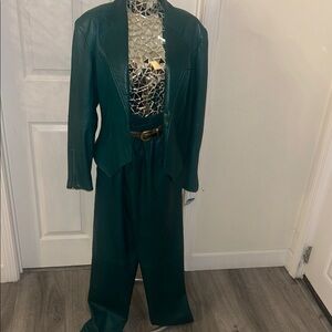 Nancy Heller Rare Vintage Green Genuine Leather Women's Pantsuit Set M